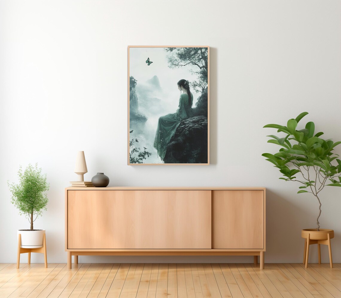 Artemis in Teal Robe on Misty Cliff With Butterfly Watercolor Poster - Image 2