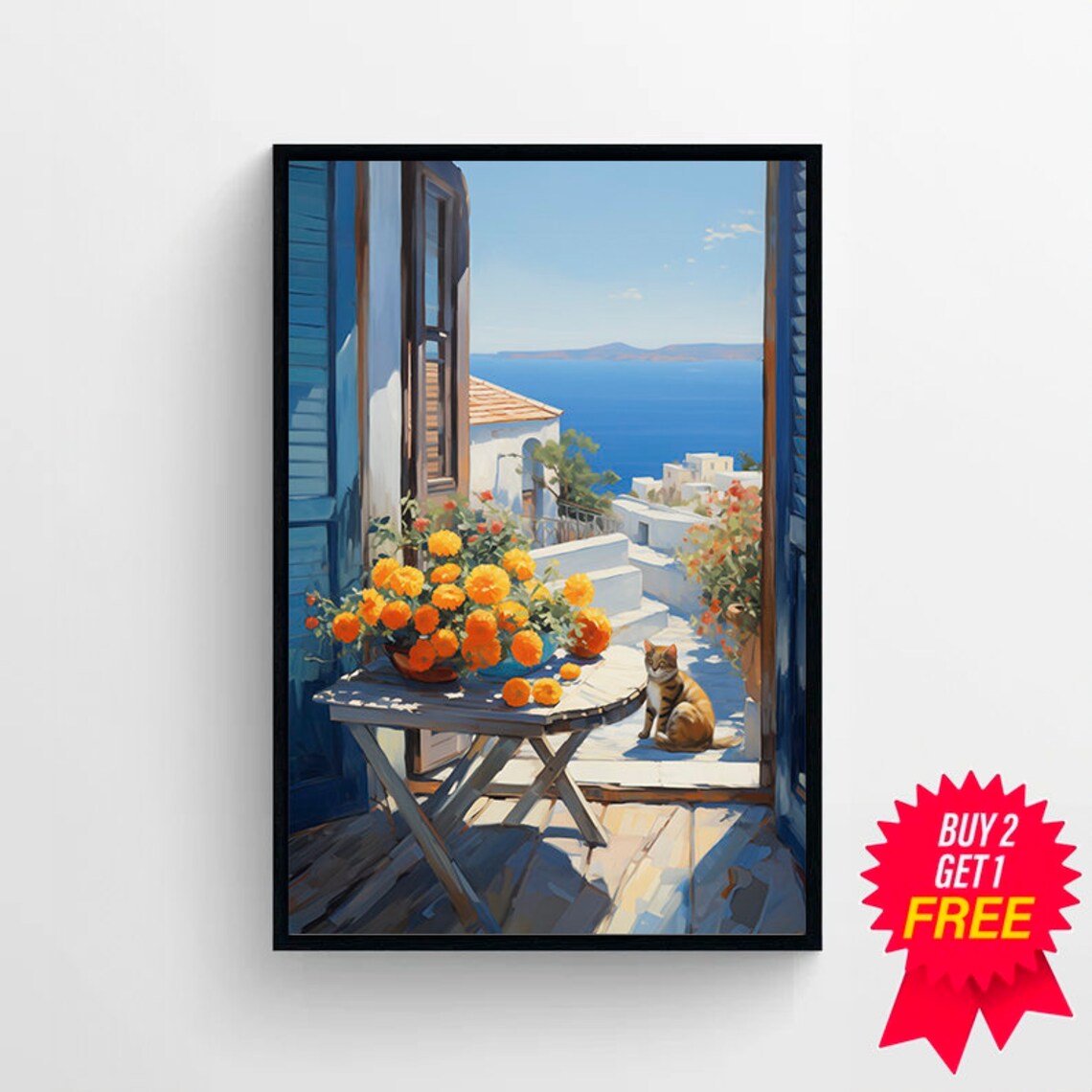 Coastal Window Cat Orange Flowers Sunny Sea Balcony View Poster - Image 4