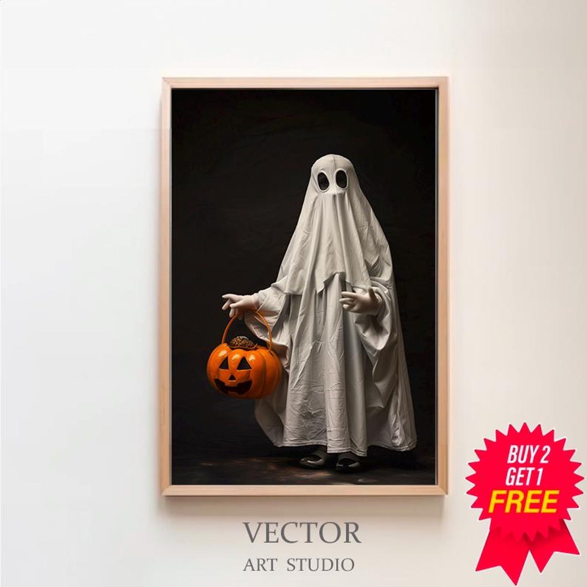 Little Sheet Ghost with Jack O Lantern Candy Pail Halloween Poster