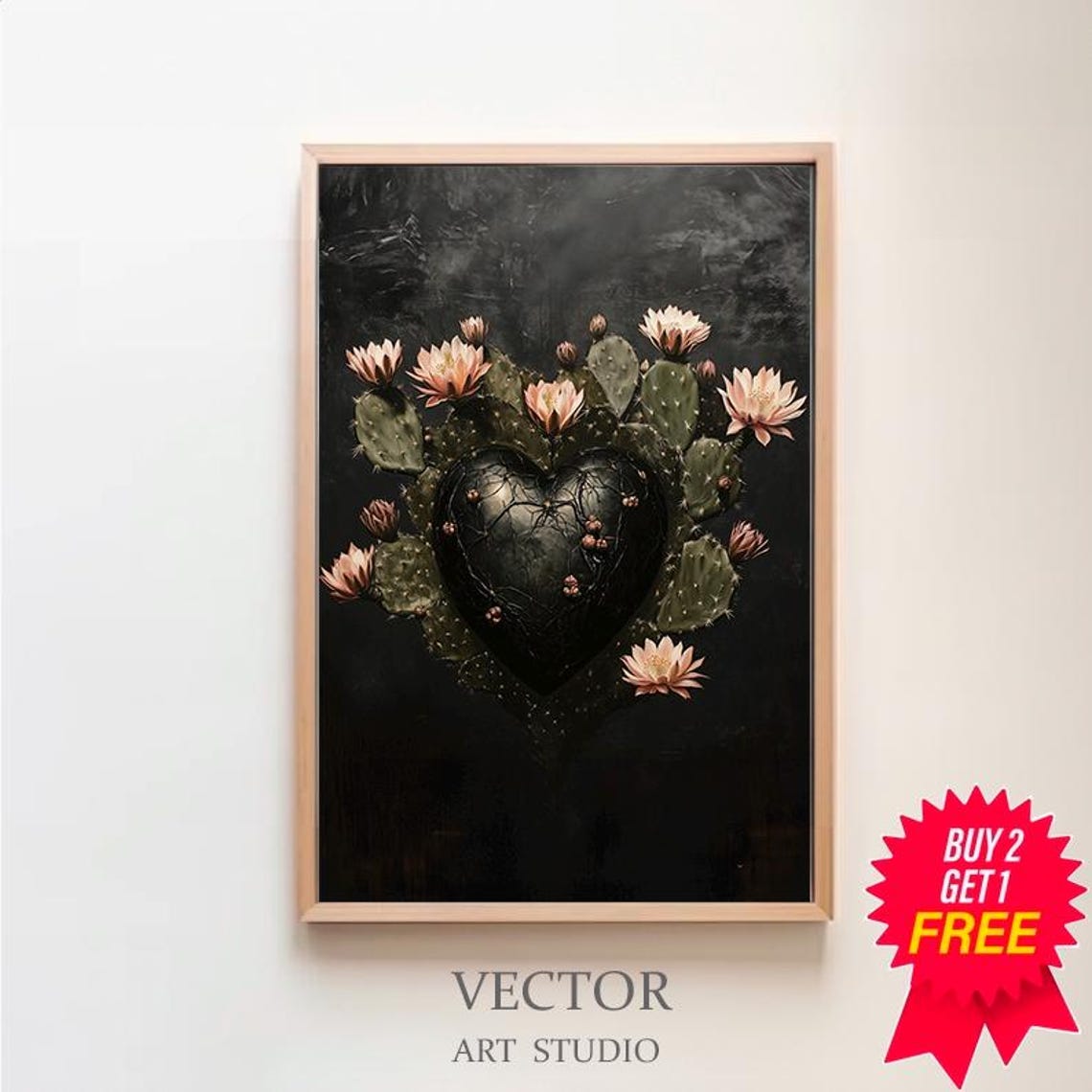 Prickly Pear Cactus Heart Blooming With Pink Flowers On Black Poster