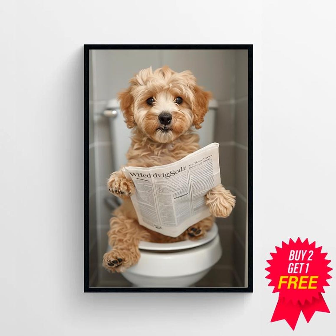 Curly Cockapoo Reading the Morning Paper on Toilet Humor Print - Image 4