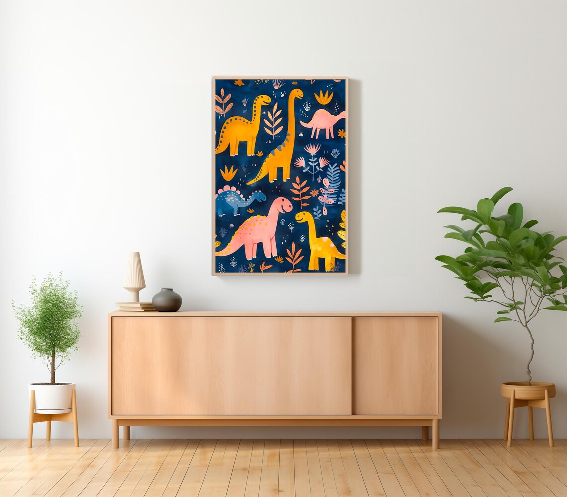 Golden Pink Long Neck Dinosaurs Midnight Navy Kids Room Poster - Image 2