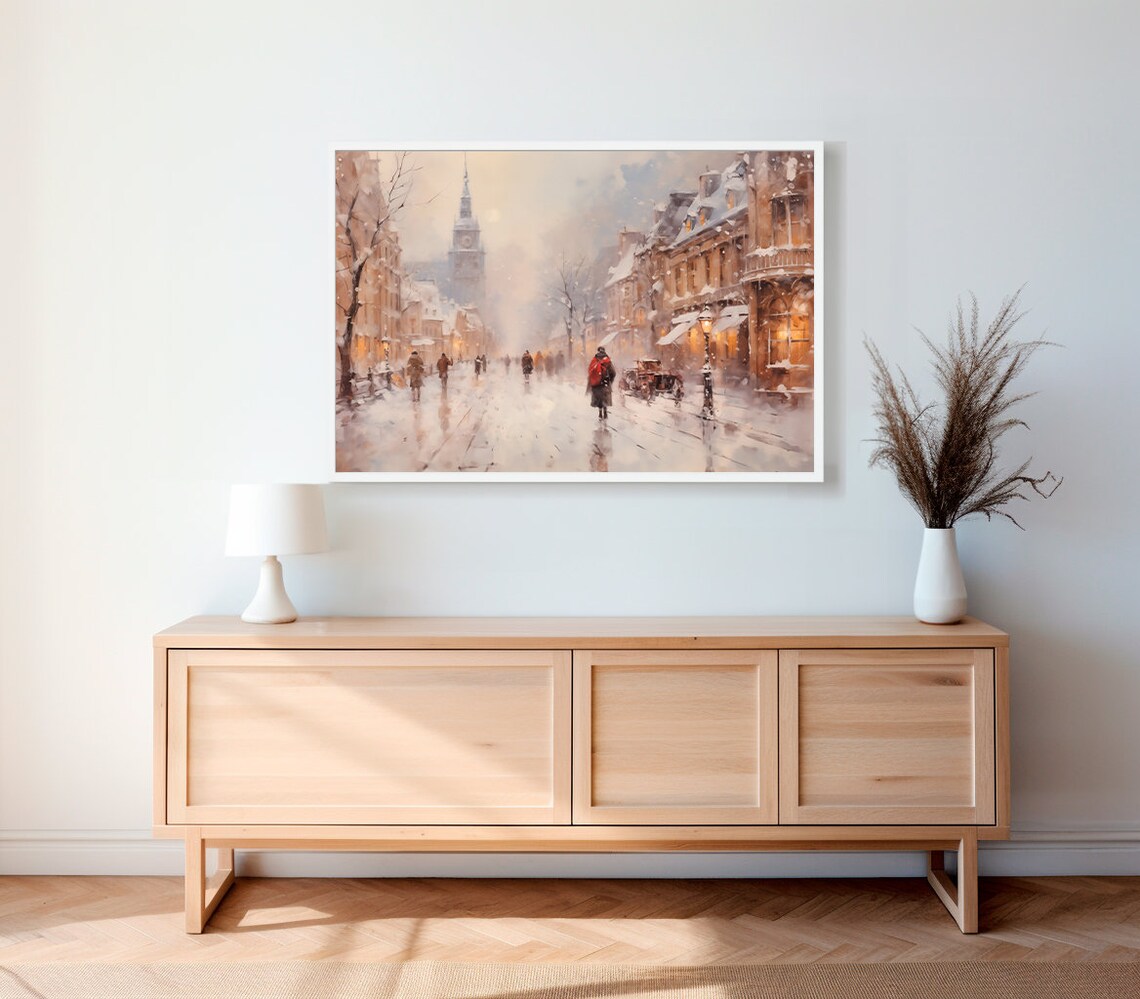 Snowy European Street Scene With Clock Tower at Night Poster - Image 2