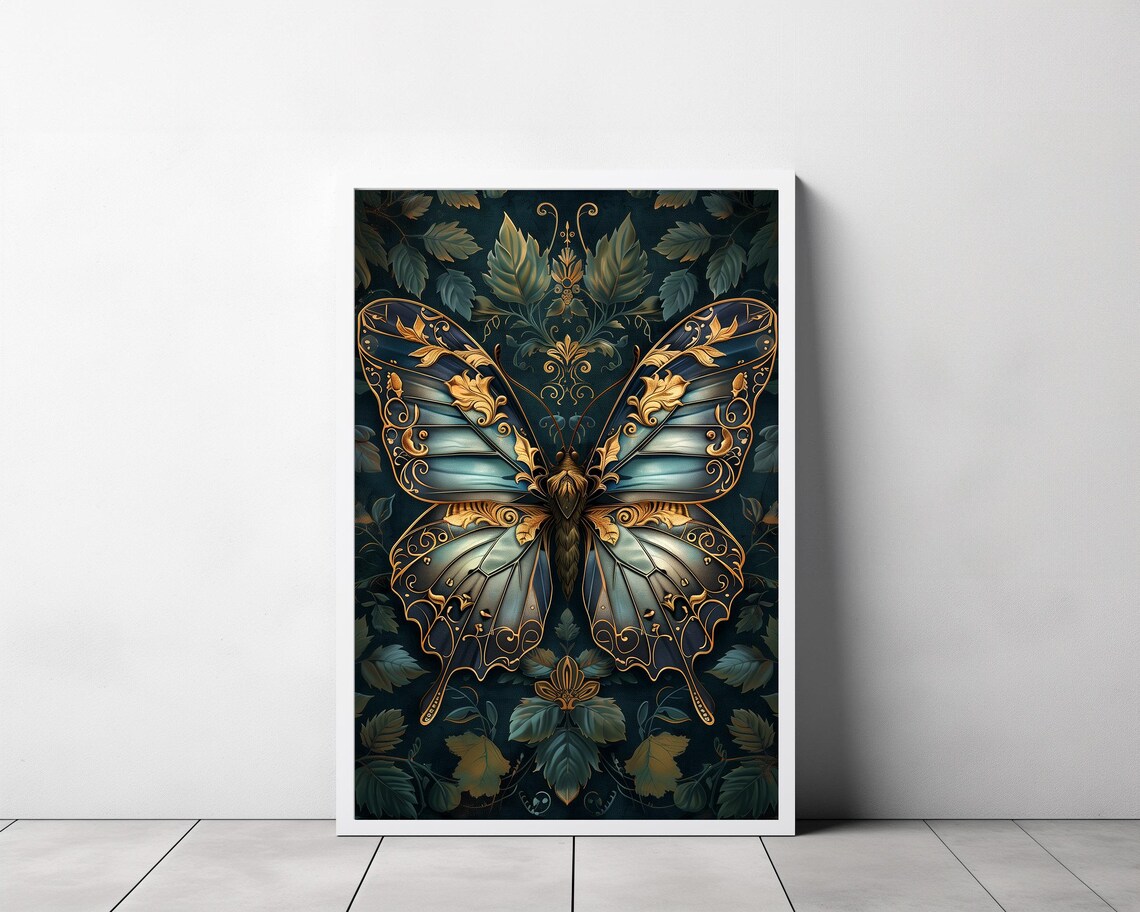 Blue and Gold Butterfly Baroque Vintage Botanical Floral Poster - Image 3