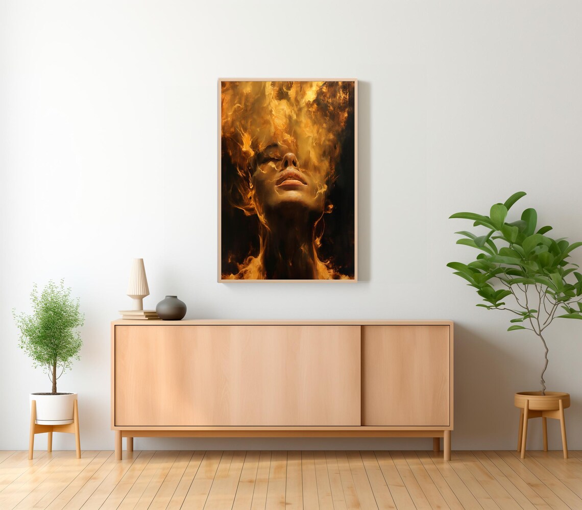 Woman Face Emerging from Swirling Golden Flames Moody Fire Poster - Image 2