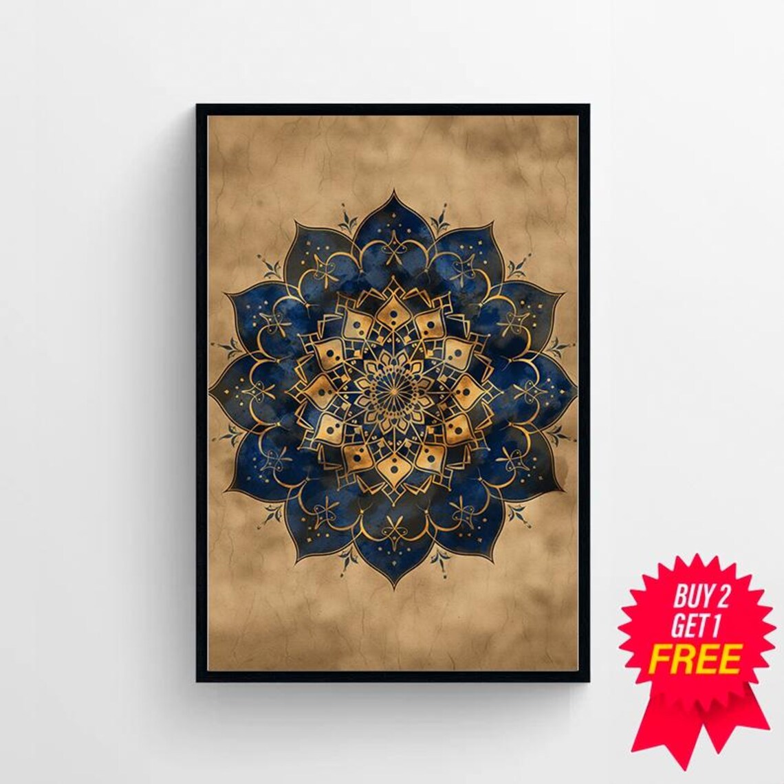 Midnight Blue And Gold Geometric Mandala Medallion Art Poster - Image 4