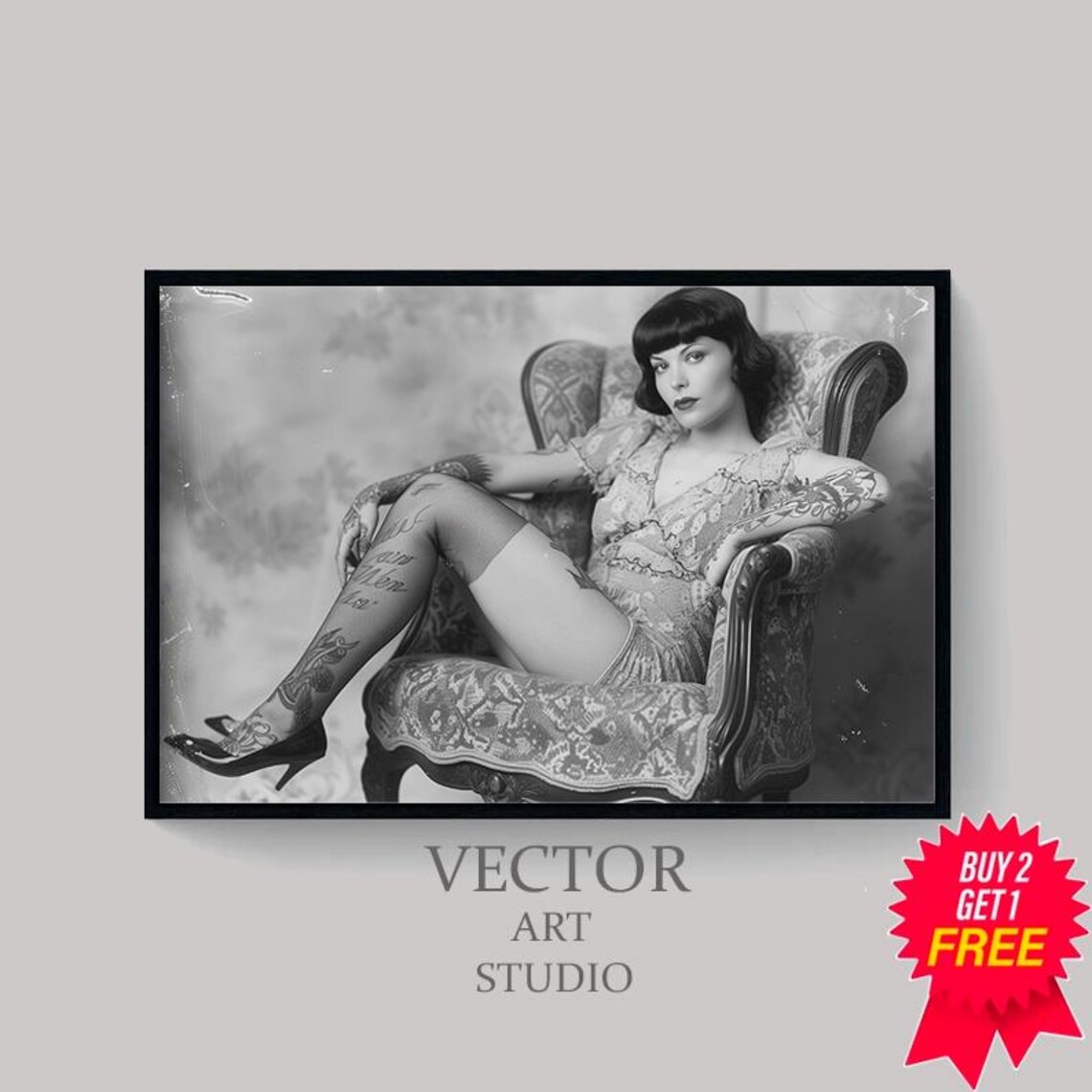 Tattooed Vintage Woman in Armchair Black and White Photo Poster - Image 4