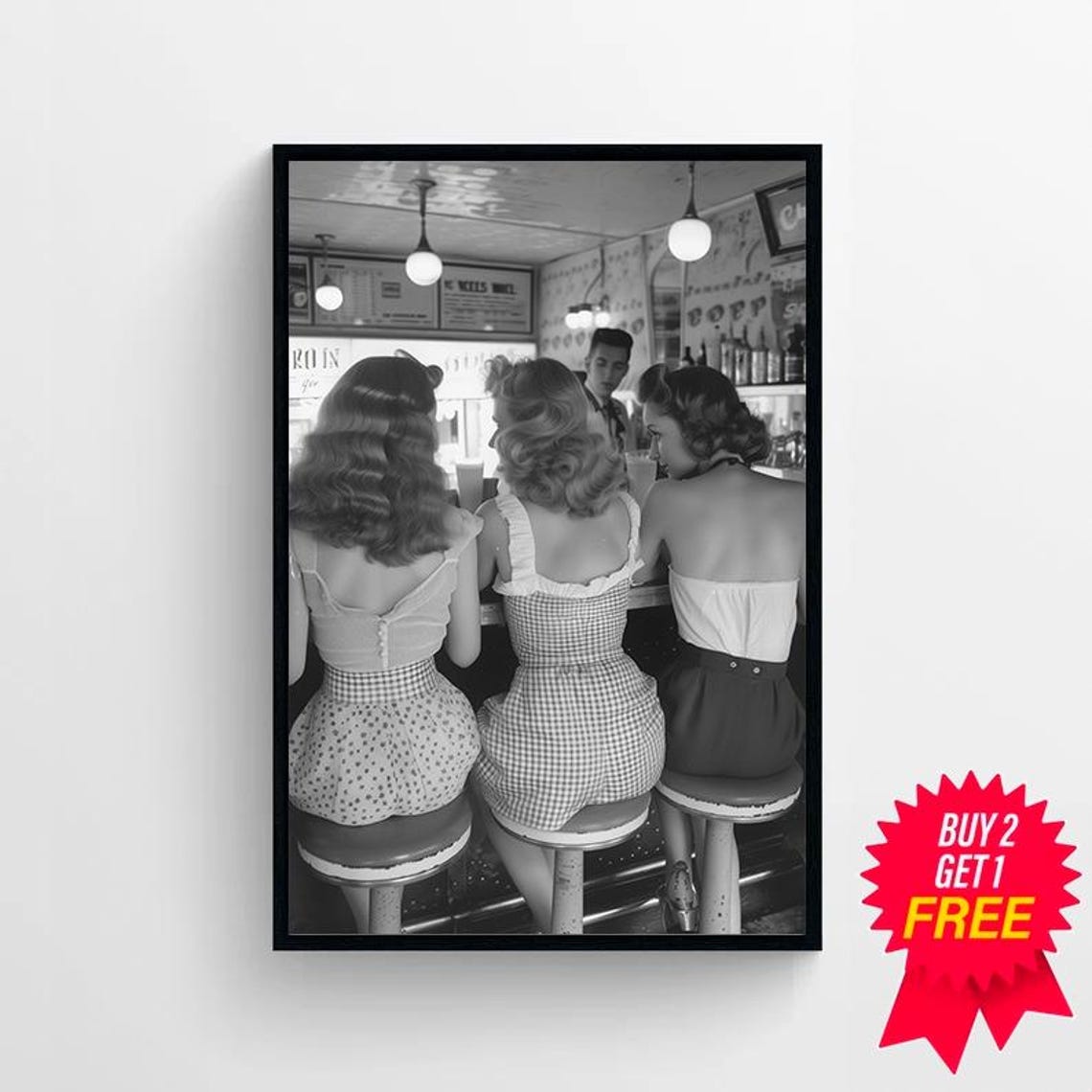 Women Drinking At Bar Wall Art Black And White Print Three Friends Vintage Poster Retro Wall Decor Alcohol Art Bar Cart Print - Image 4