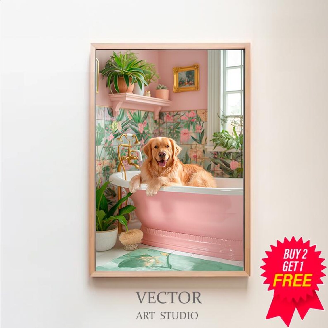 Cheerful Golden Retriever in a Pink Bathtub Tropical Bathroom Poster
