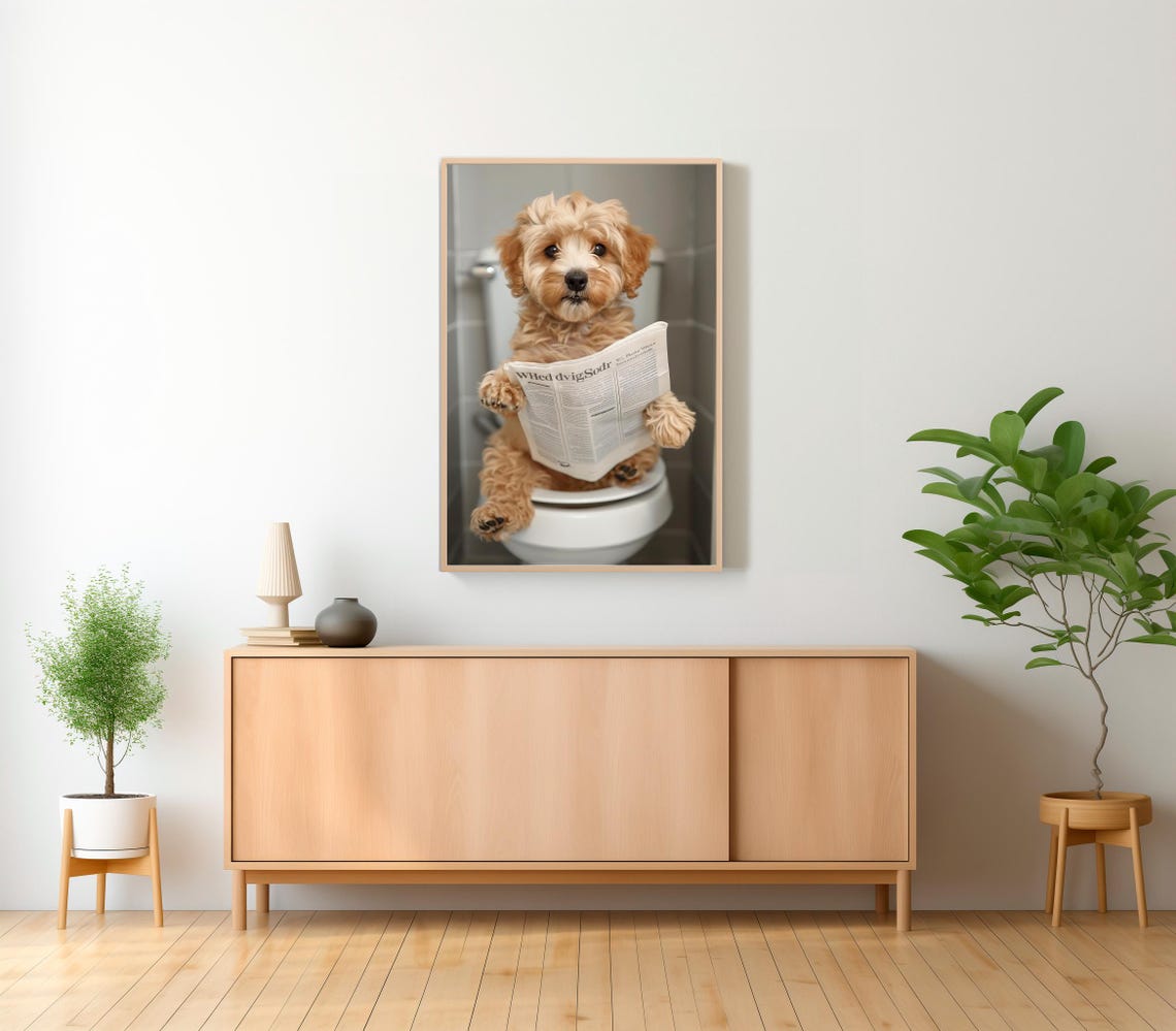 Curly Cockapoo Reading the Morning Paper on Toilet Humor Print - Image 2