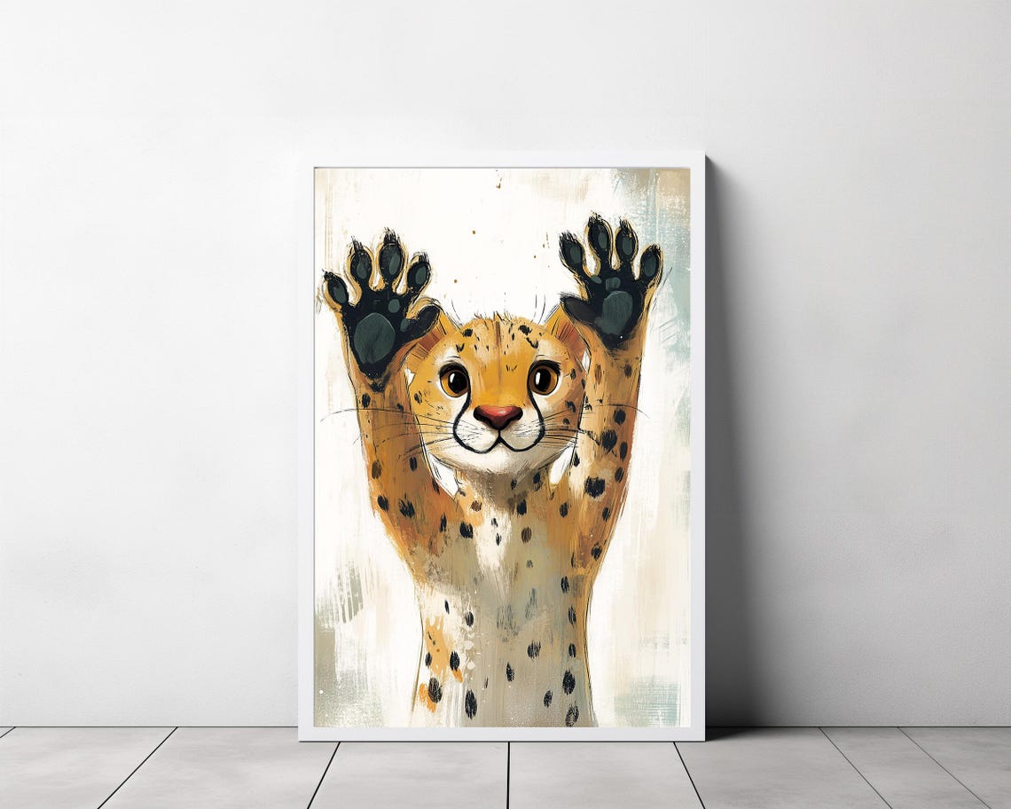 Happy Cheetah Cub with Paws Raised Watercolor Nursery Poster - Image 3