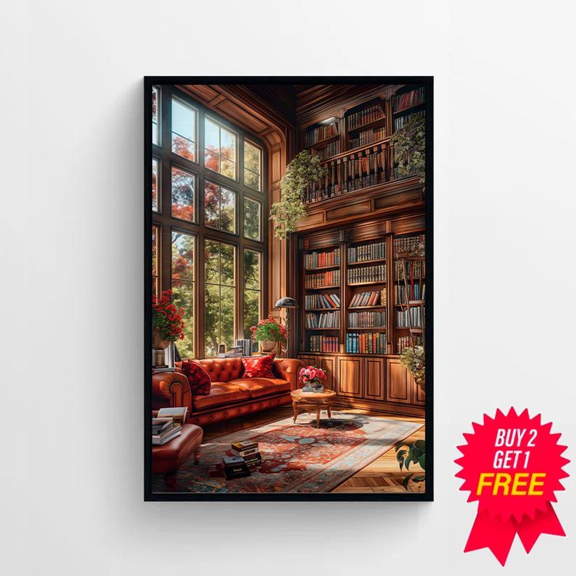 Cozy Wood-Paneled Autumn Library Corner with Leather Sofa Poster - Image 4
