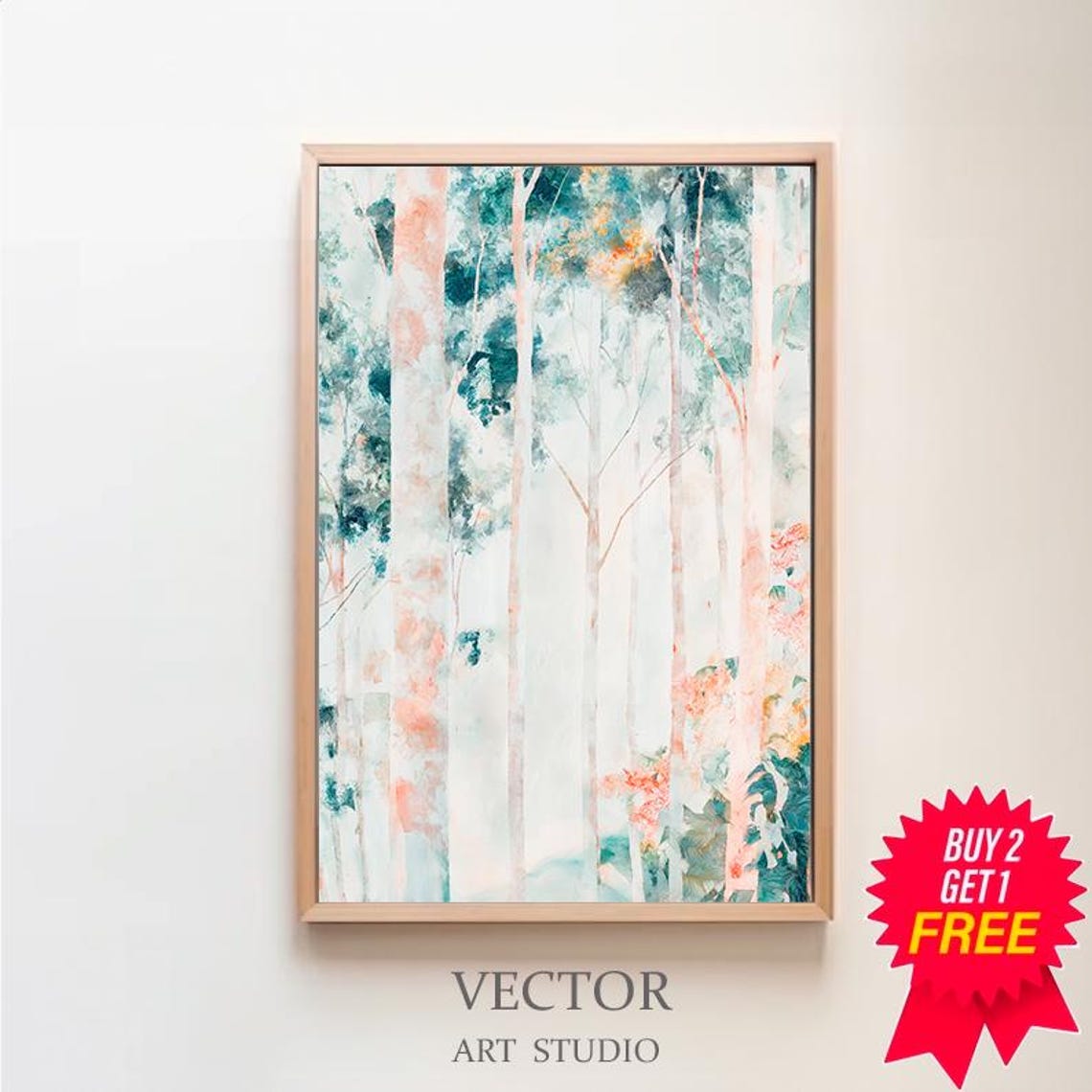 Teal and Coral Eucalyptus Forest Soft Watercolor Wall Poster
