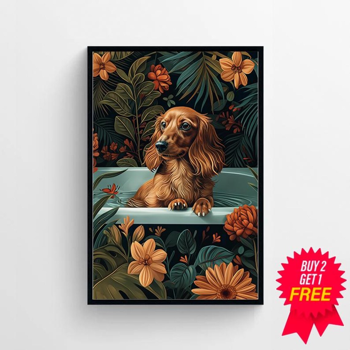 Long Haired Dachshund In A Teal Bathtub Jungle Flowers Wall Art - Image 4