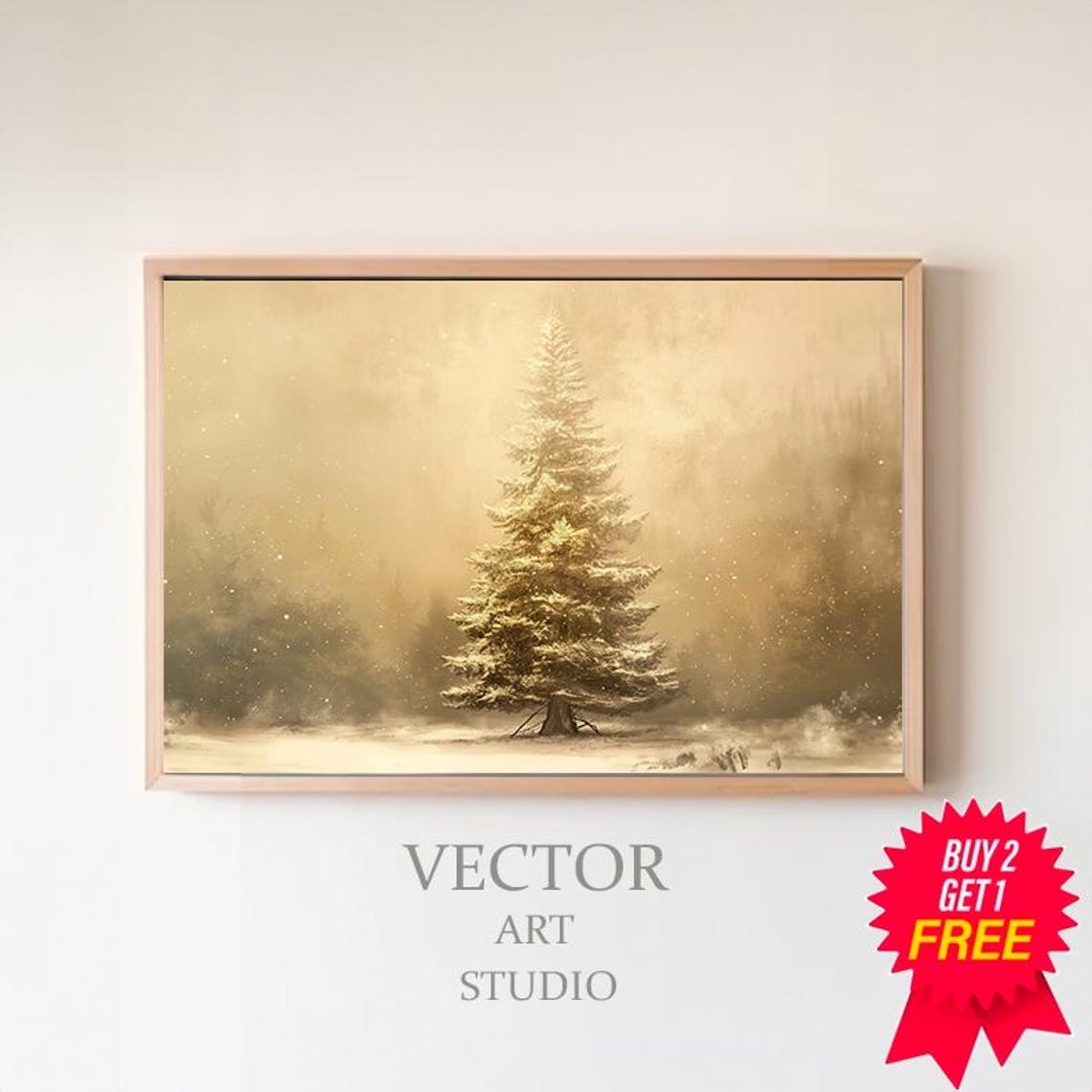 Lone Snow Covered Evergreen Tree Golden Mist Winter Scene Poster