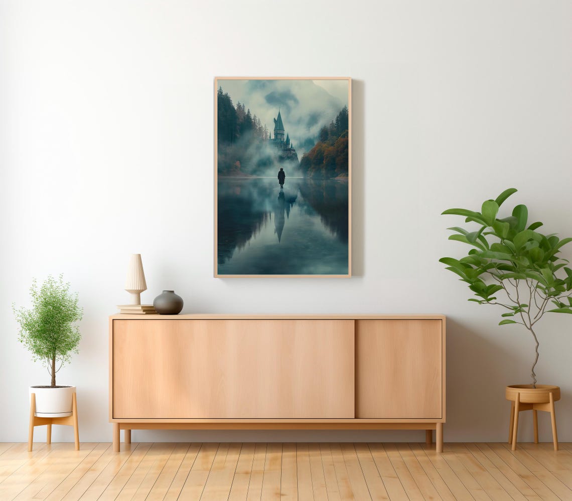 Lone Figure Before Foggy Forest Castle Mirror Lake Fantasy Art Print - Image 2
