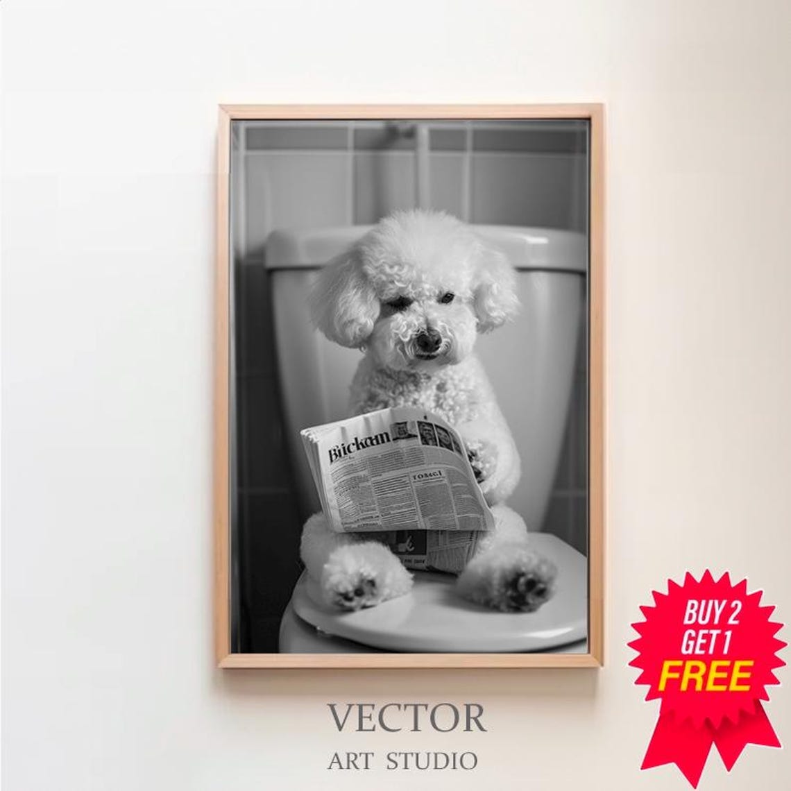 Funny White Dog Reading a Newspaper While on the Toilet Poster