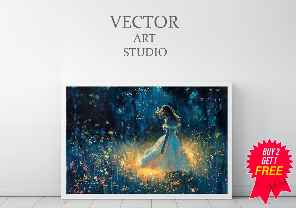 Woman in Blue Dress Dancing in Night Wildflower Meadow Poster - Image 3