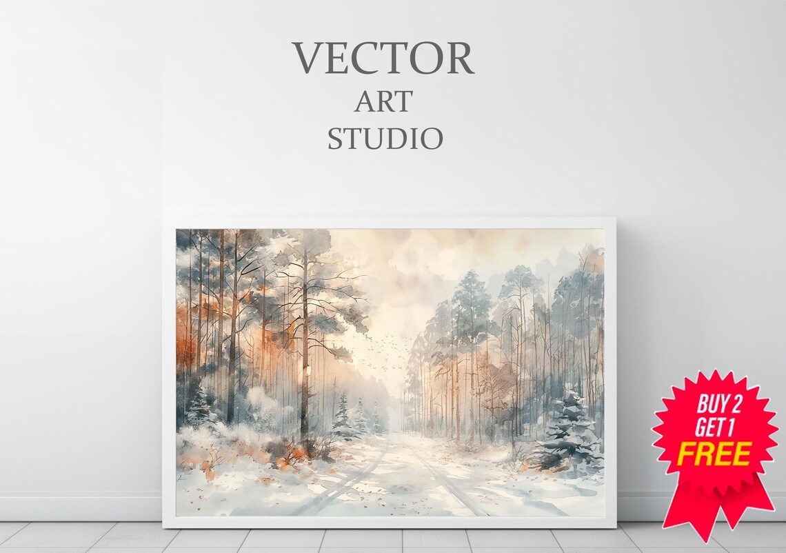 Snow Covered Forest Road with Tall Pines in a Winter Watercolor Poster - Image 3