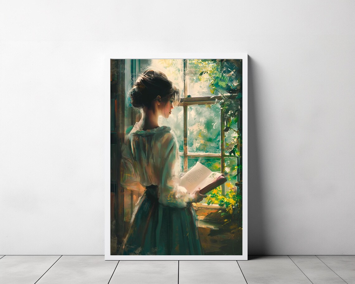 Woman Reading Beside a Sunlit Window Vintage Oil Painting Art Poster - Image 3