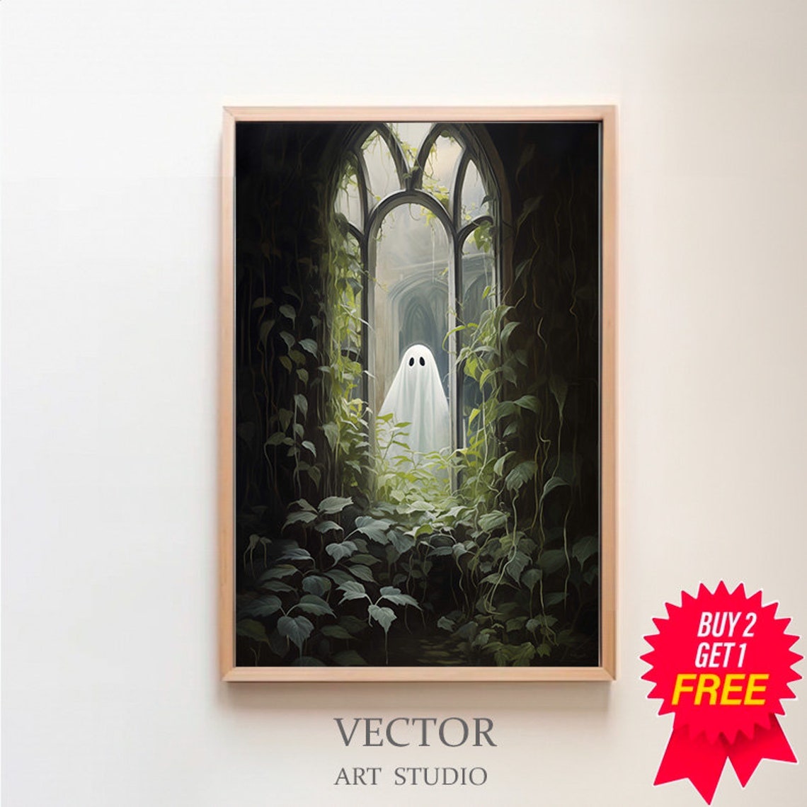 Ghost Peeking at a Vine-Covered Gothic Arch Ruined Window Poster