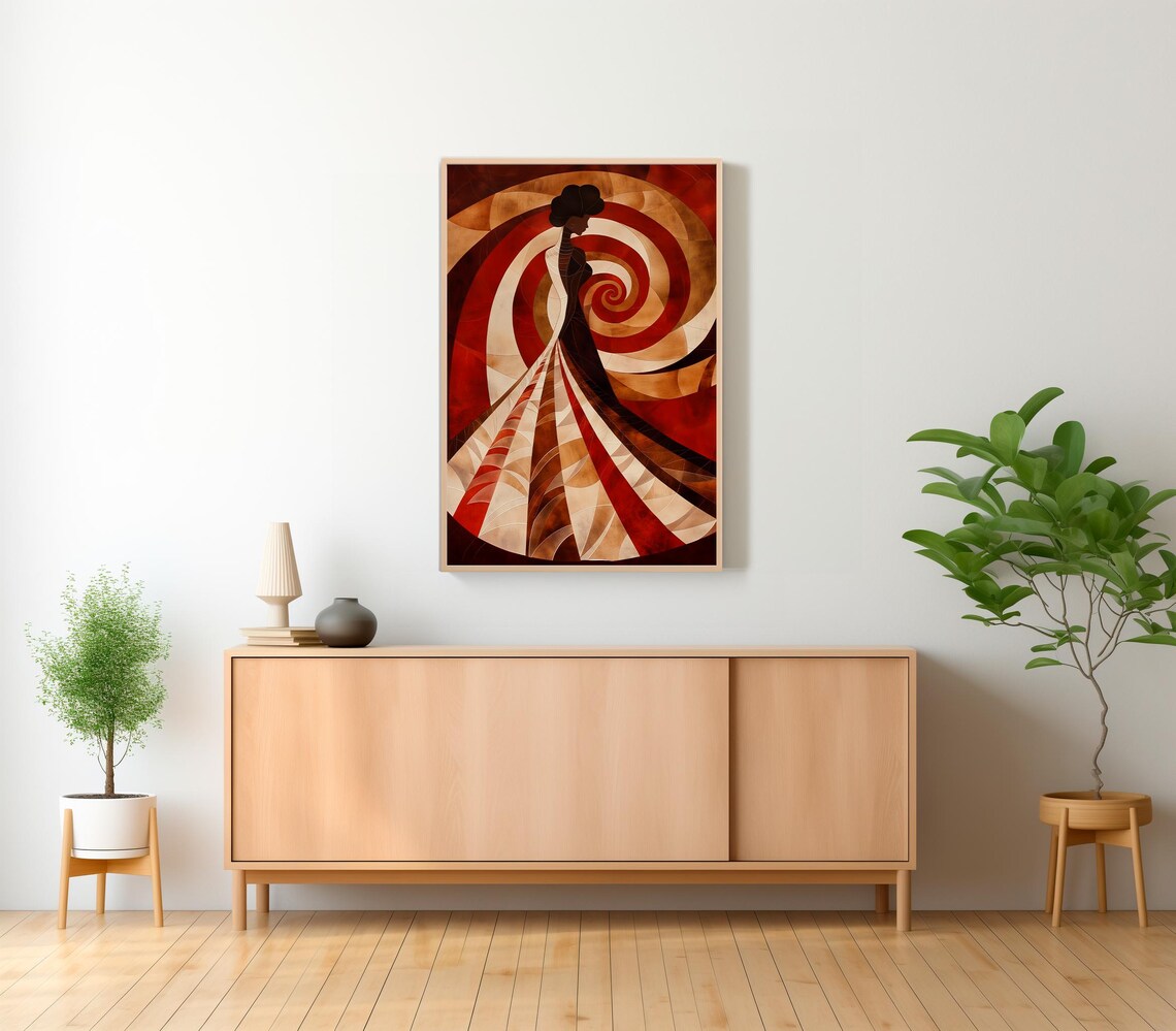 Red Swirl Mosaic Gown Elegant Woman Geometric Style Art Poster - Image 2