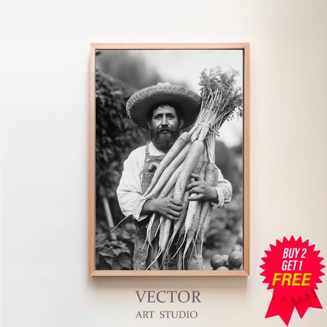 Vintage Mexican Farmer Holding Giant White Carrots Photo Poster