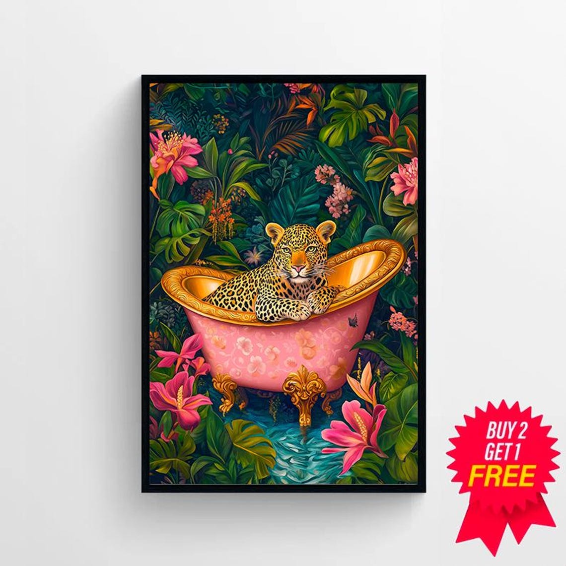 Leopard Resting in Pink Bathtub Surrounded by Jungle Flowers Poster - Image 4