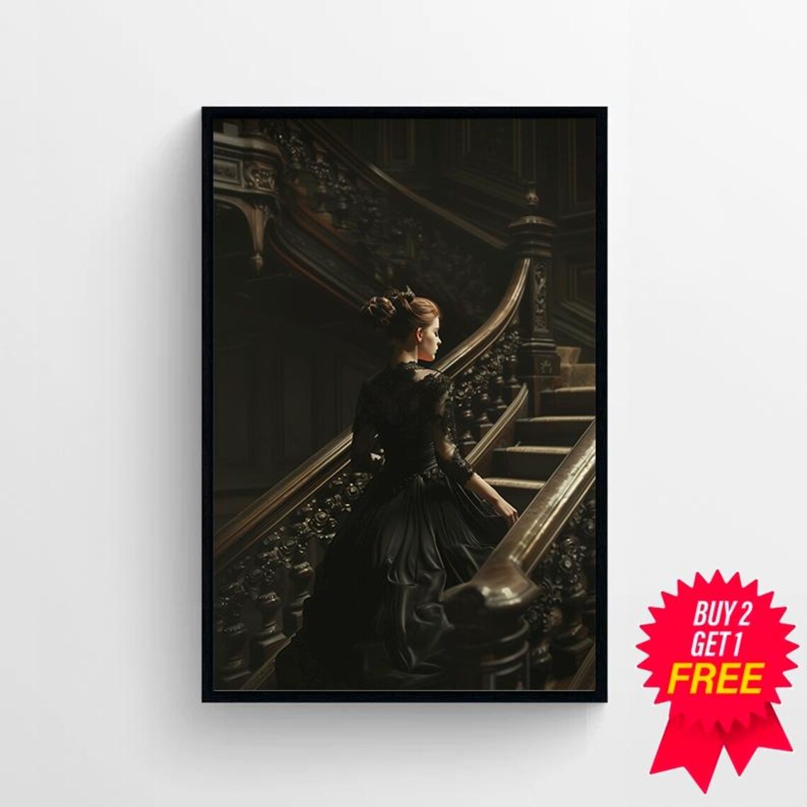 Victorian Lady in Black Gown Grand Dark Staircase Gothic Art Poster - Image 4
