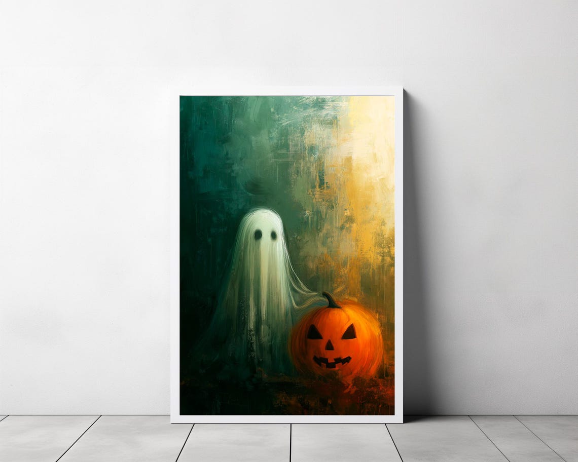 Sheet Ghost Beside a Glowing Jack-o-Lantern in Dark Woods Poster - Image 3