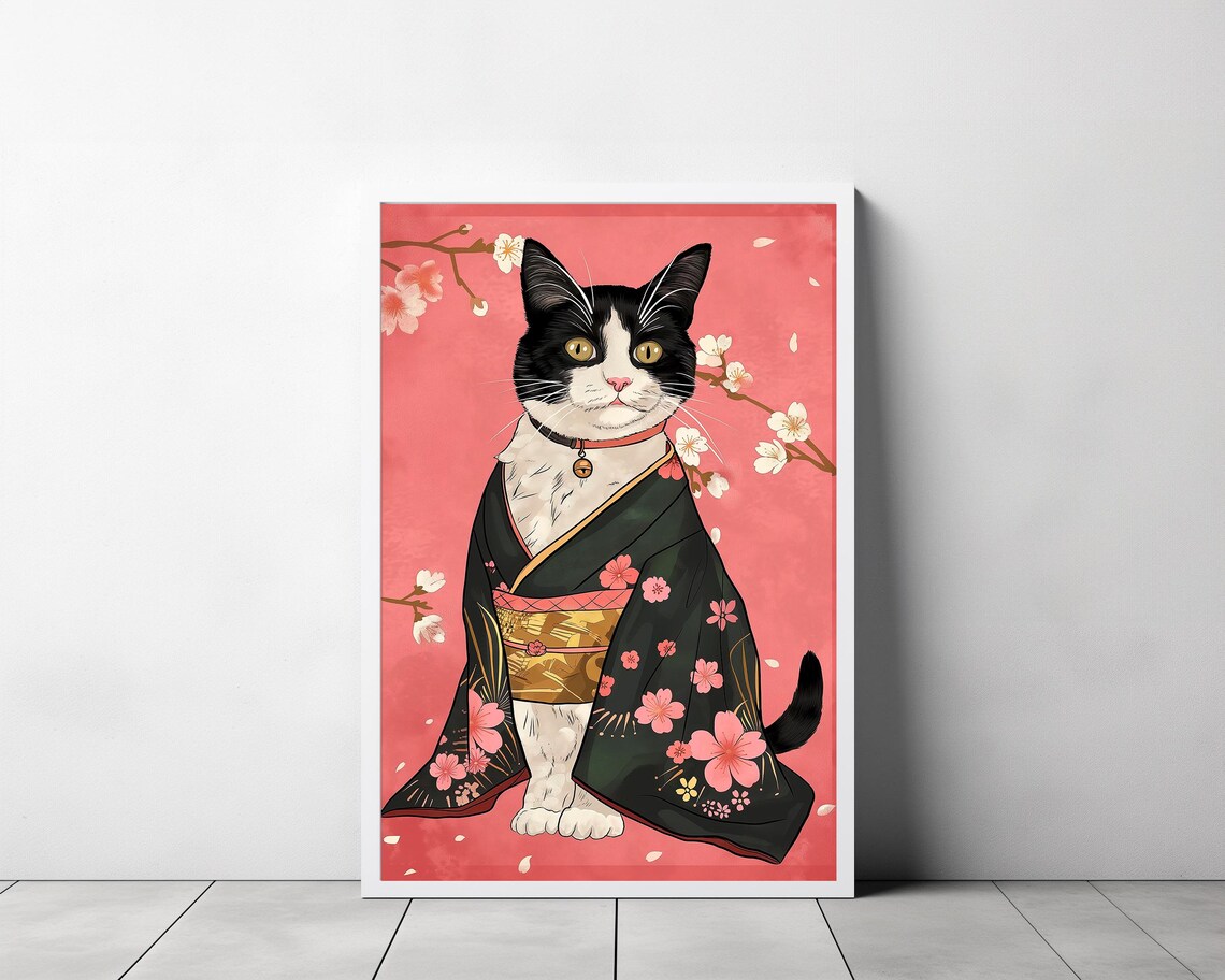 Black and White Tuxedo Cat Wearing Kimono with Cherry Blossoms Art Poster - Image 3