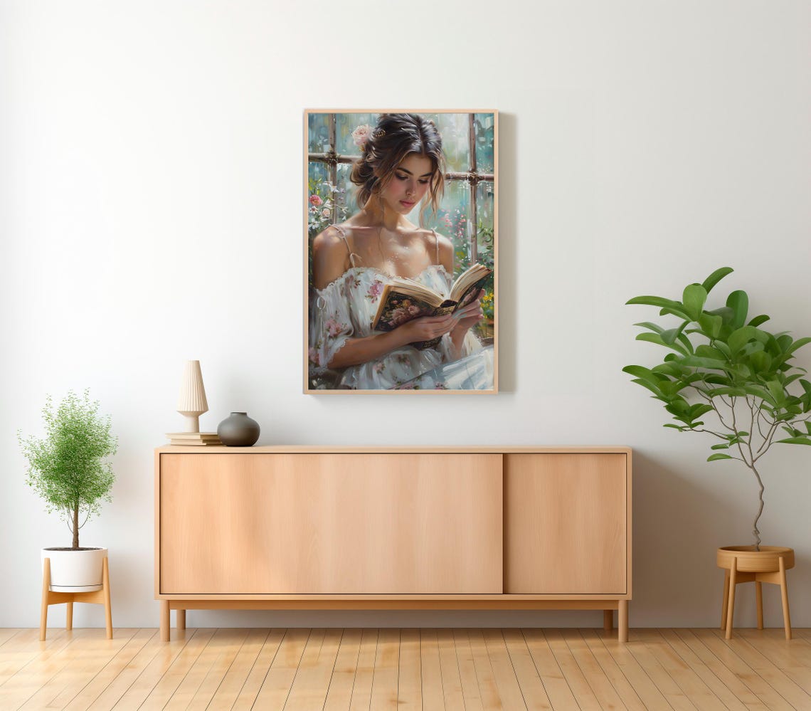 Romantic Woman Reading by a Window Framed with Pink Roses Poster - Image 2