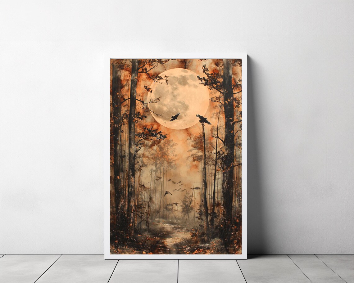 Full Moon Rising Over a Haunted Forest with Crows in Orange Mist Poster - Image 3