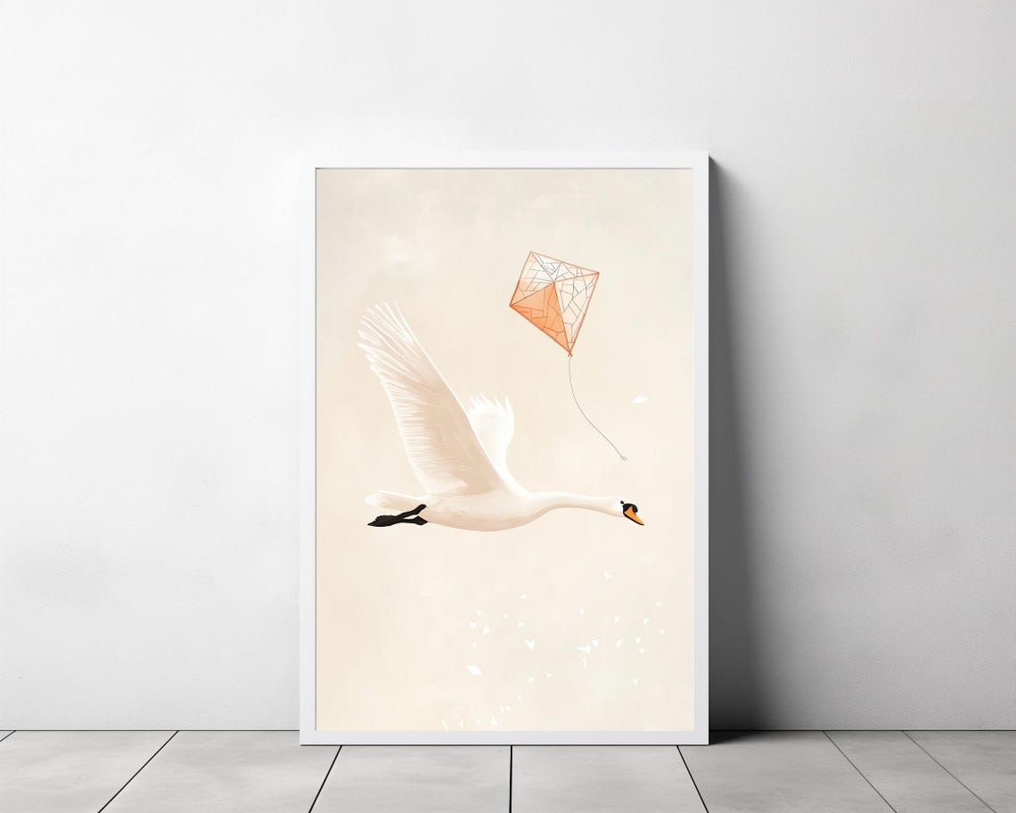 Graceful White Swan Flying With Orange Kite on Cream Nursery Poster - Image 3
