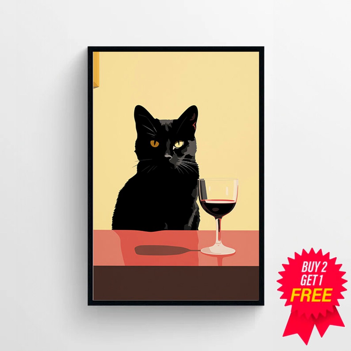 Sleek Black Cat Enjoying a Glass of Red Wine at a Table Poster - Image 4