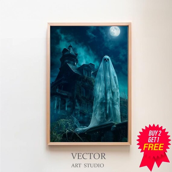 Ghost Standing By Haunted Mansion Under Full Moon Halloween Poster
