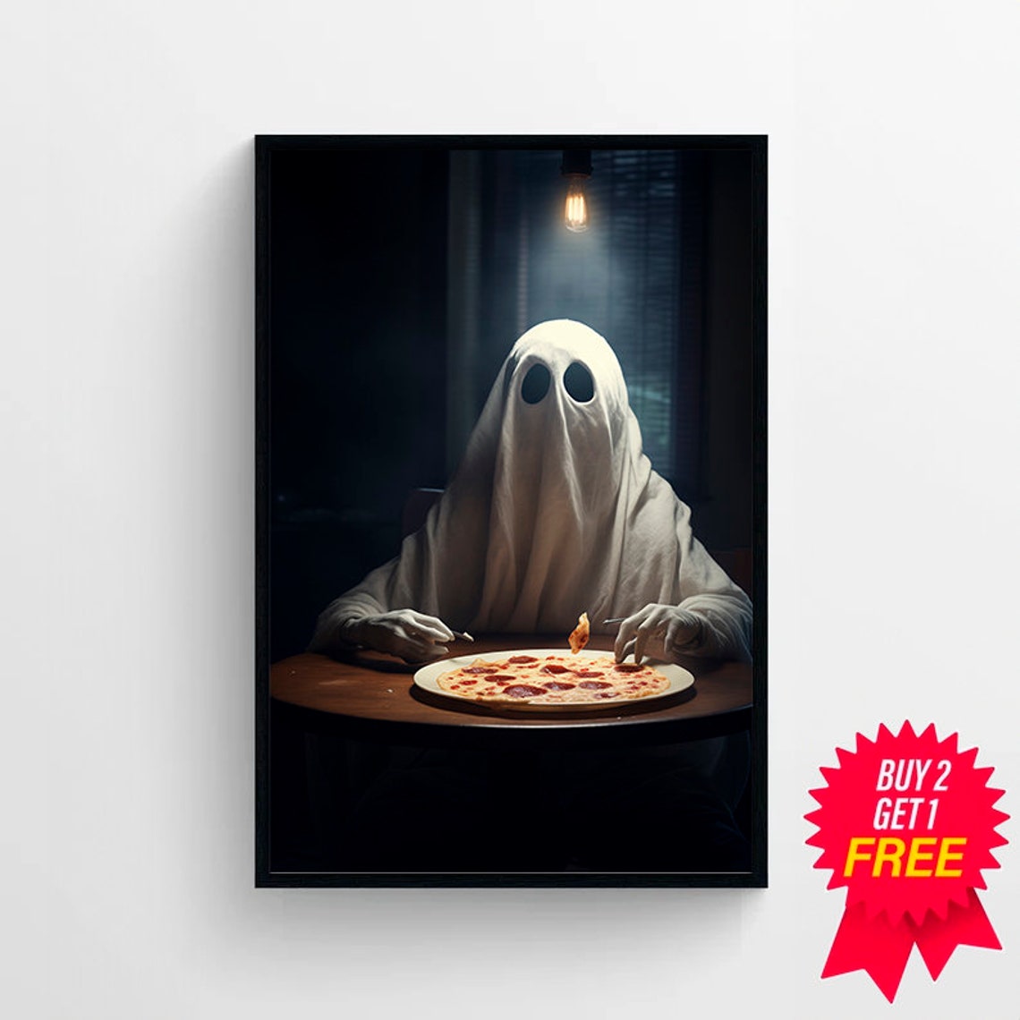 Ghost Eating Pepperoni Pizza Under Hanging Light Spooky Poster - Image 4