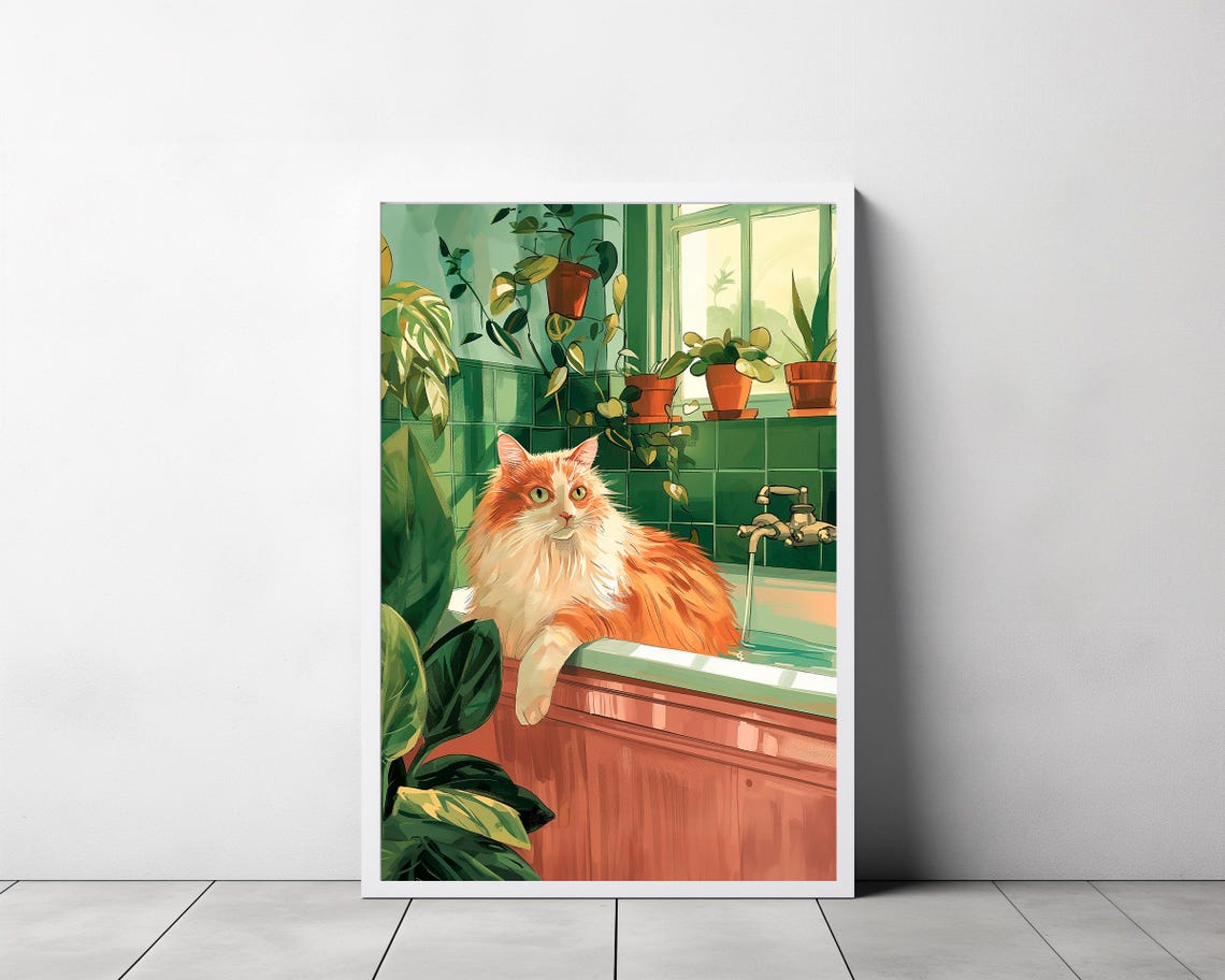 Fluffy Orange Cat Relaxing in a Bathtub Botanical Bathroom Poster - Image 3