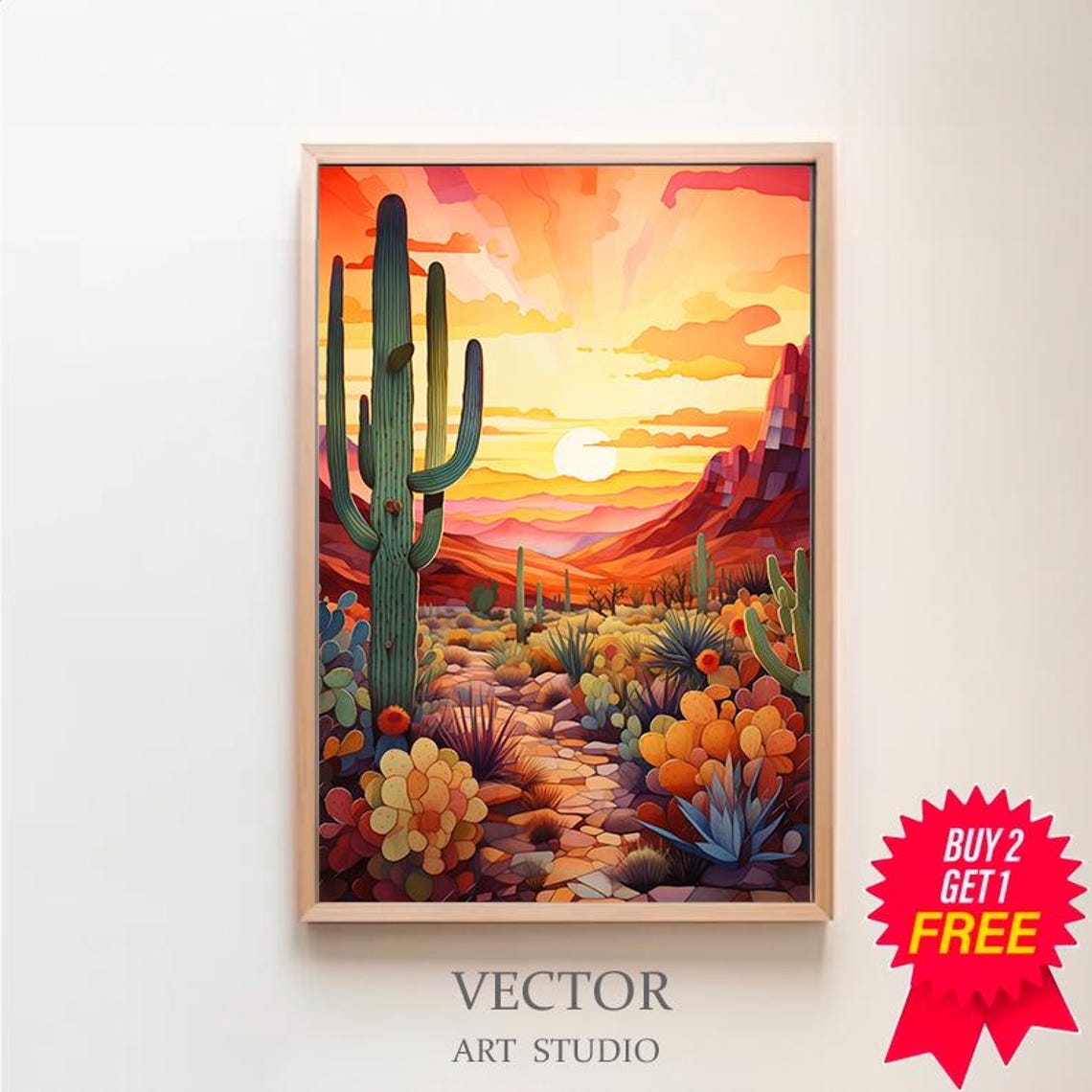 Desert Sunset Trail with Tall Saguaro and Agave Stylized Poster