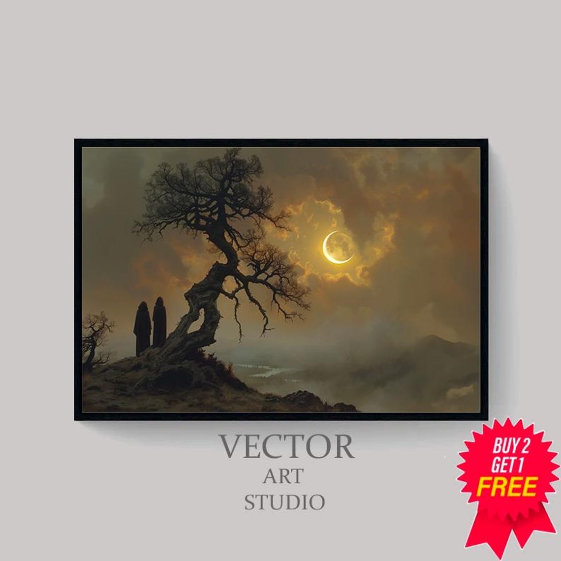 Gnarled Tree Silhouette with Crescent Moon Moody Landscape Poster - Image 4