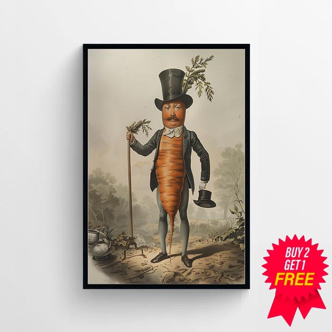 Anthropomorphic Carrot Gentleman in Top Hat Vintage Whimsy Poster - Image 4