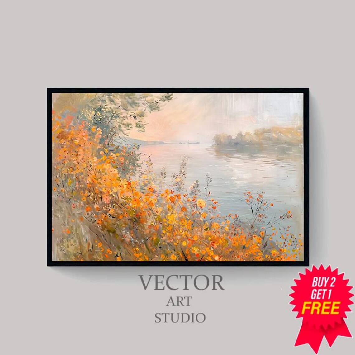 Lakeside Golden Wildflowers at Sunset Impressionist Nature Poster - Image 4