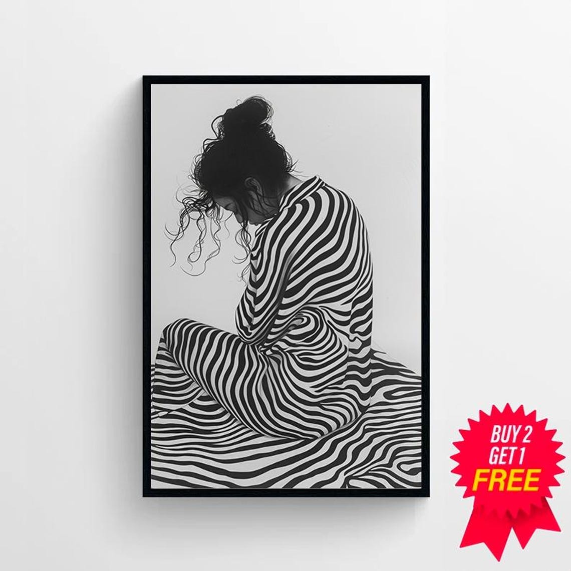 Monochrome Woman in Striped Dress Kneeling With Bowed Head Poster - Image 4