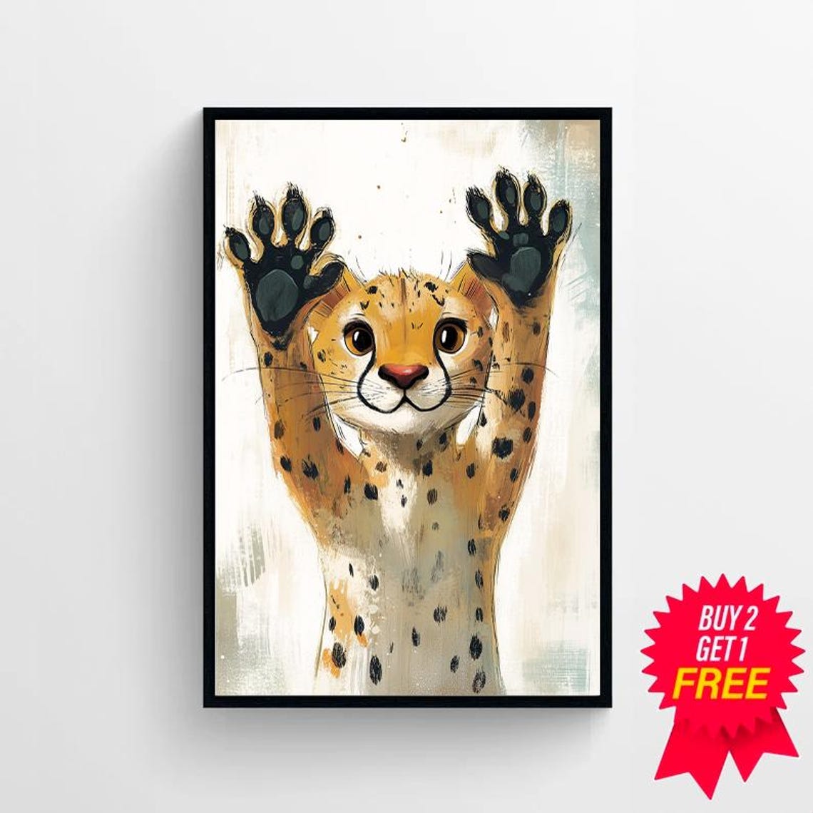 Happy Cheetah Cub with Paws Raised Watercolor Nursery Poster - Image 4