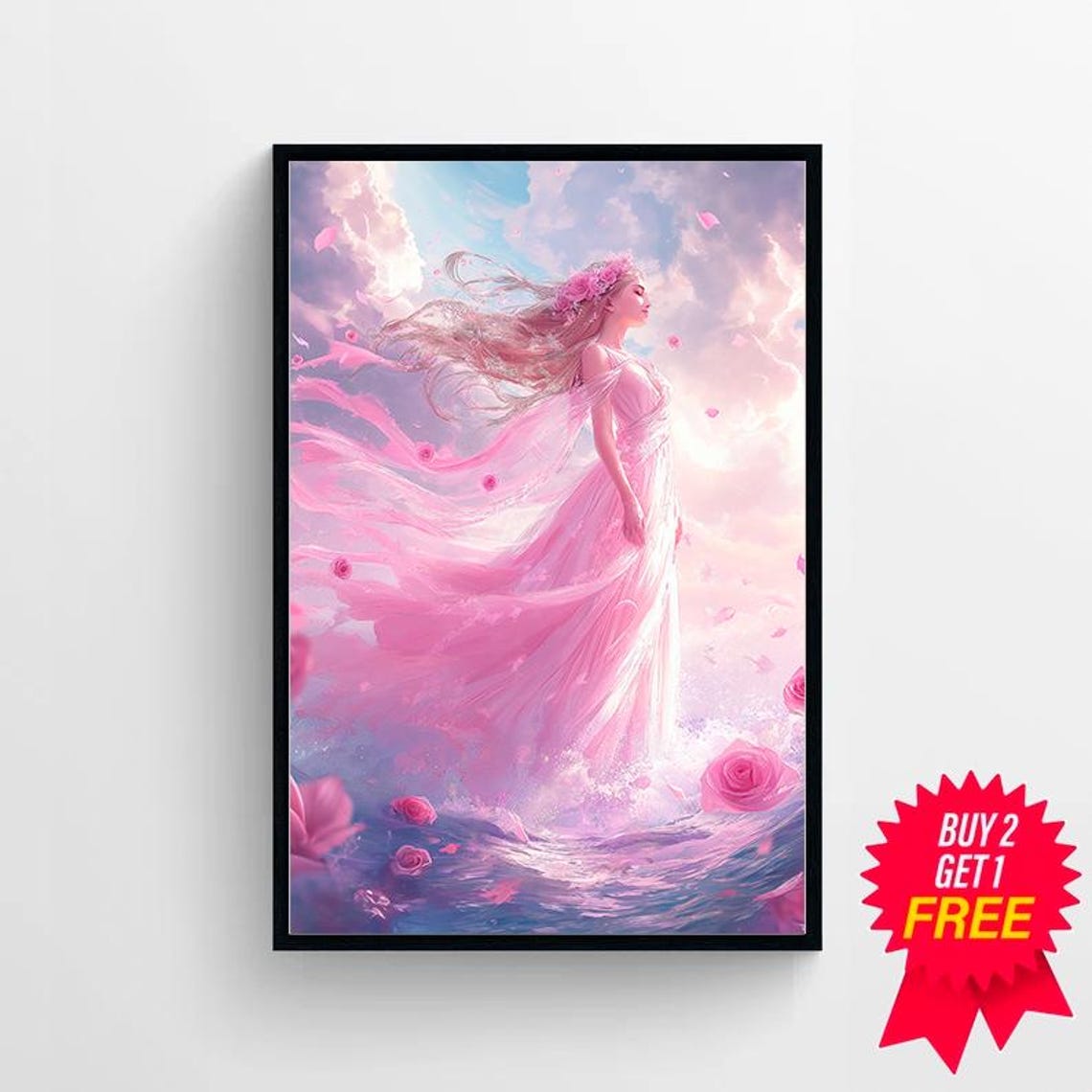 Aphrodite Goddess in a Flowing Pink Gown Among Pink Roses Poster - Image 4