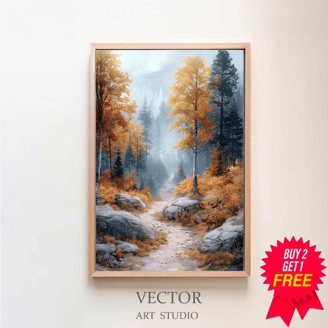 Golden Misty Autumn Birch Forest with Rocky Path Fall Poster