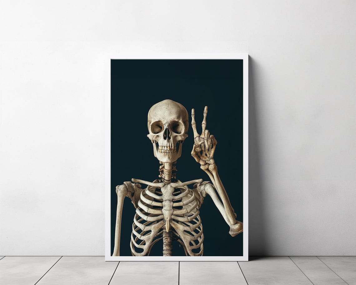 Realistic Human Skeleton Making a Peace Sign on Black Art Poster - Image 3