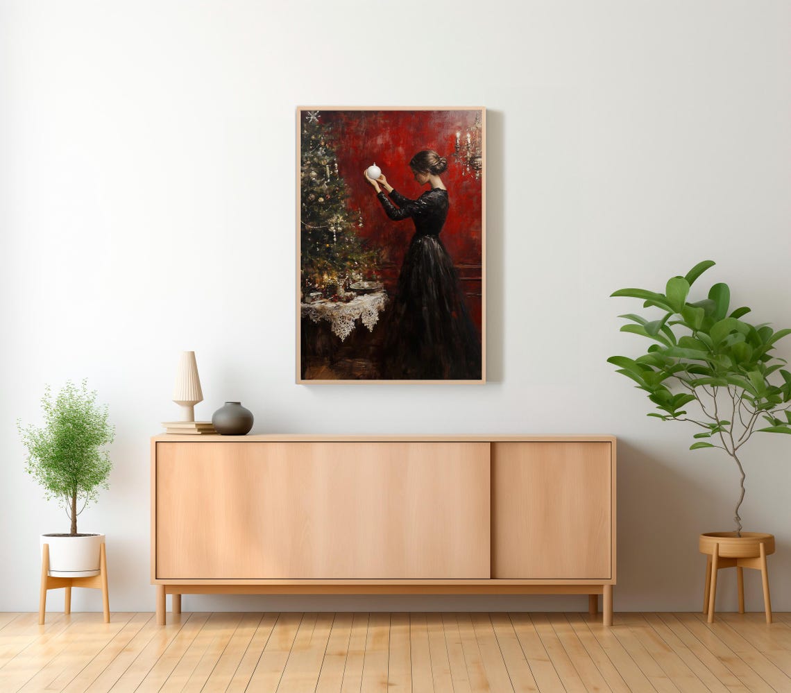 Victorian Woman Holding White Ornament By Christmas Tree Poster - Image 2