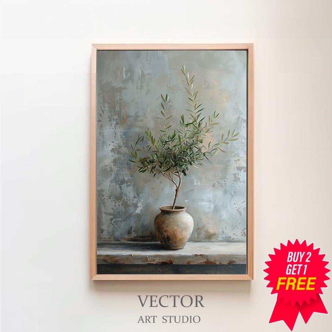 Young Olive Tree in a Rustic Clay Vase on a Textured Grey Wall Poster