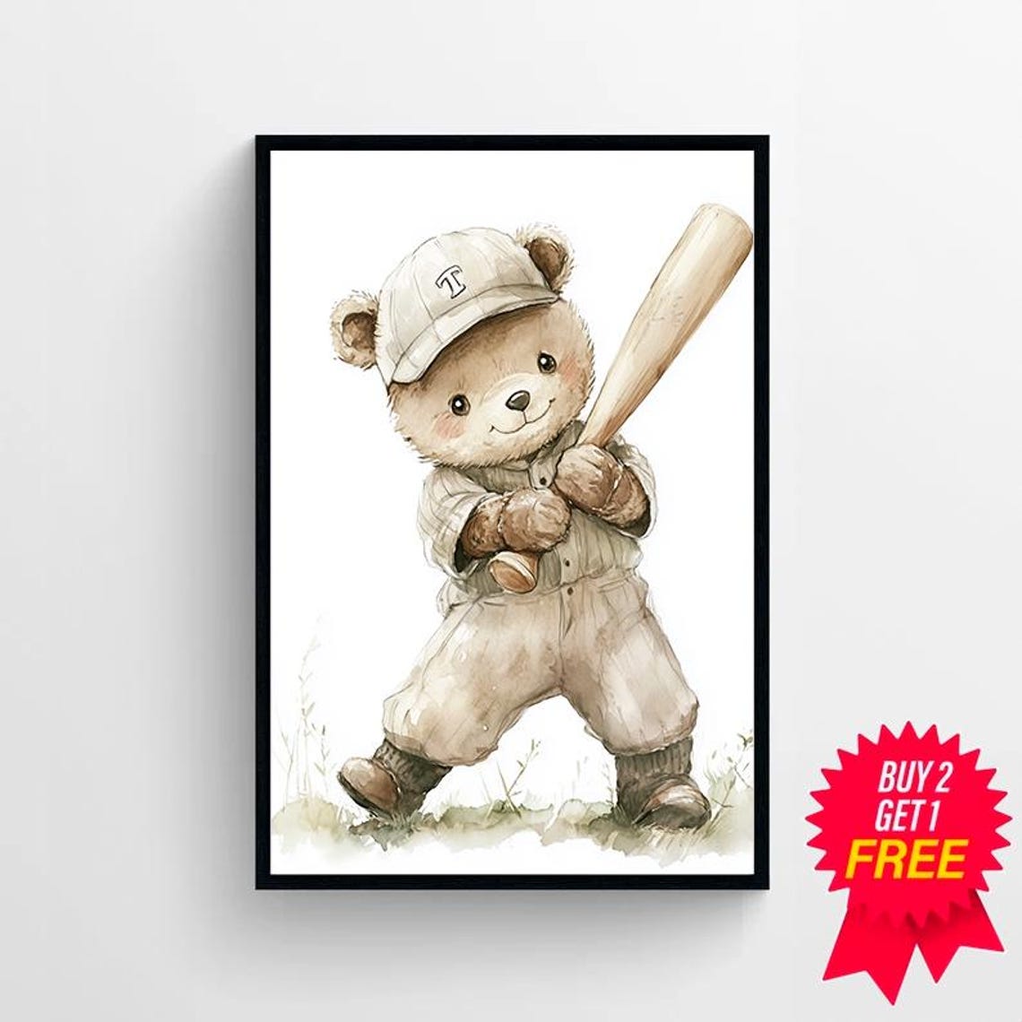 Cute Smiling Bear In A Baseball Uniform With Bat Nursery Wall Art - Image 4